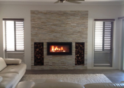 Wooden Fireplace, Stone Feature Wall