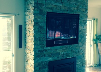 Wooden Fireplace, Stone Feature Wall