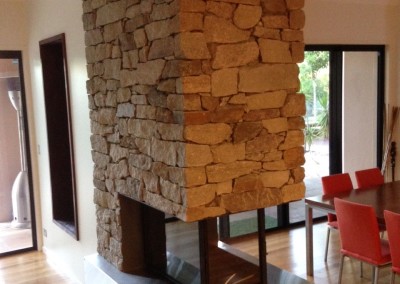 Wooden Fireplace, Stone Feature Wall