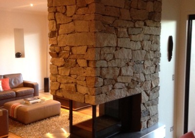 Wooden Fireplace, Stone Feature Wall